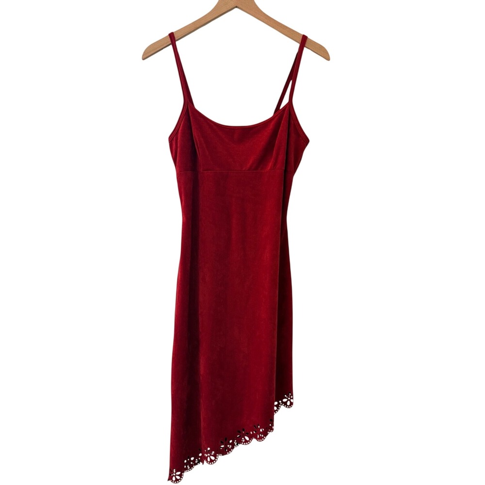 a.aubrey Asymmetrical Dress Women's Medium Red Laser Cut Hem Faux Suede